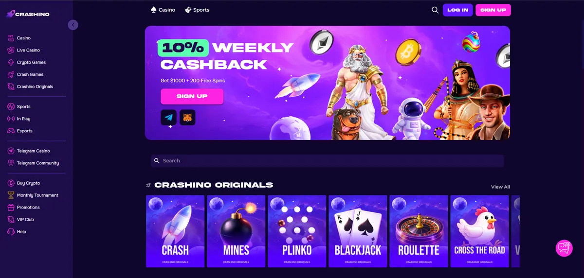 Crashino 10% weekly cashback and registration bonus
