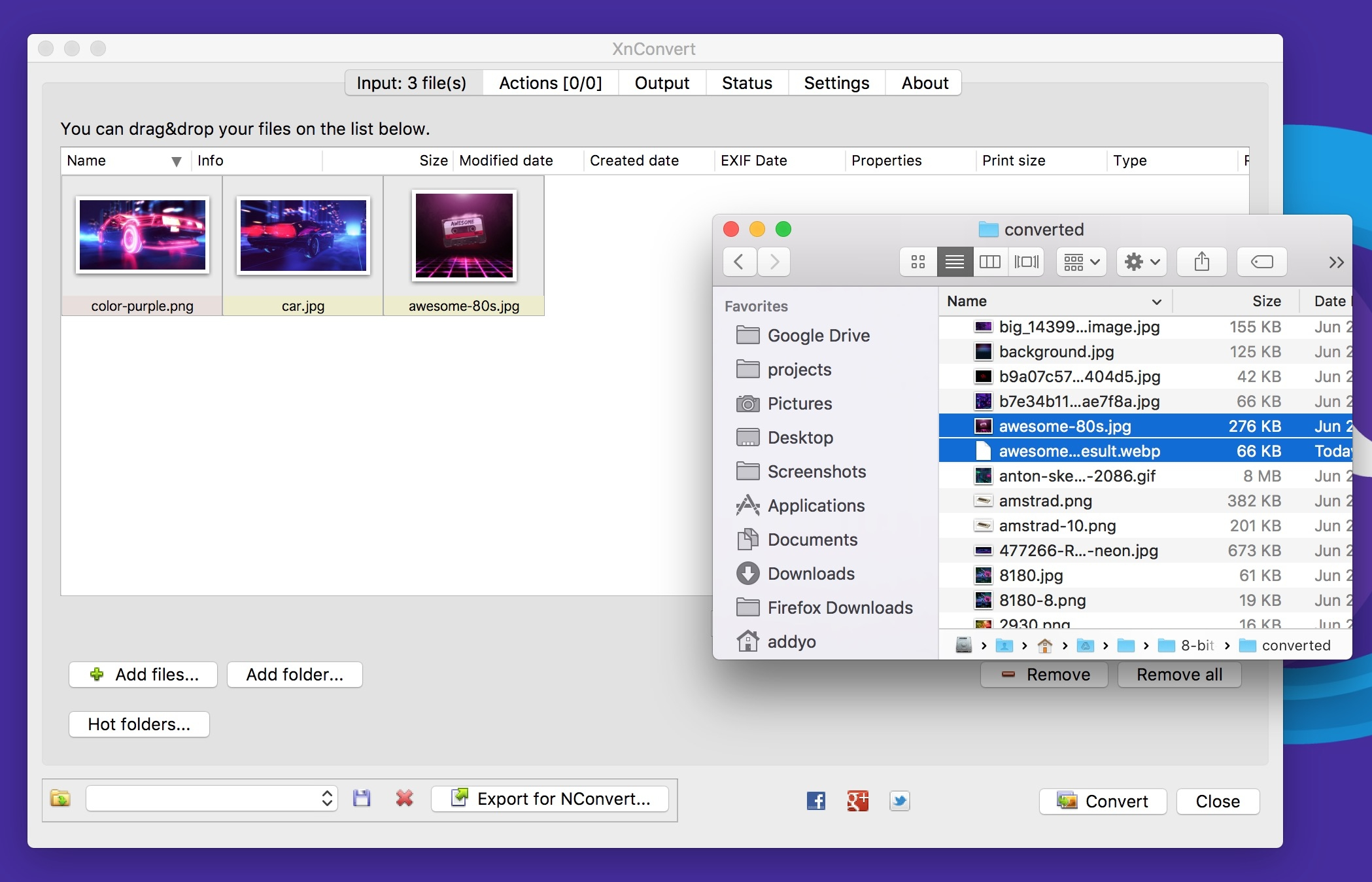 XNConvert app on Mac where a number of images have been converted to WebP