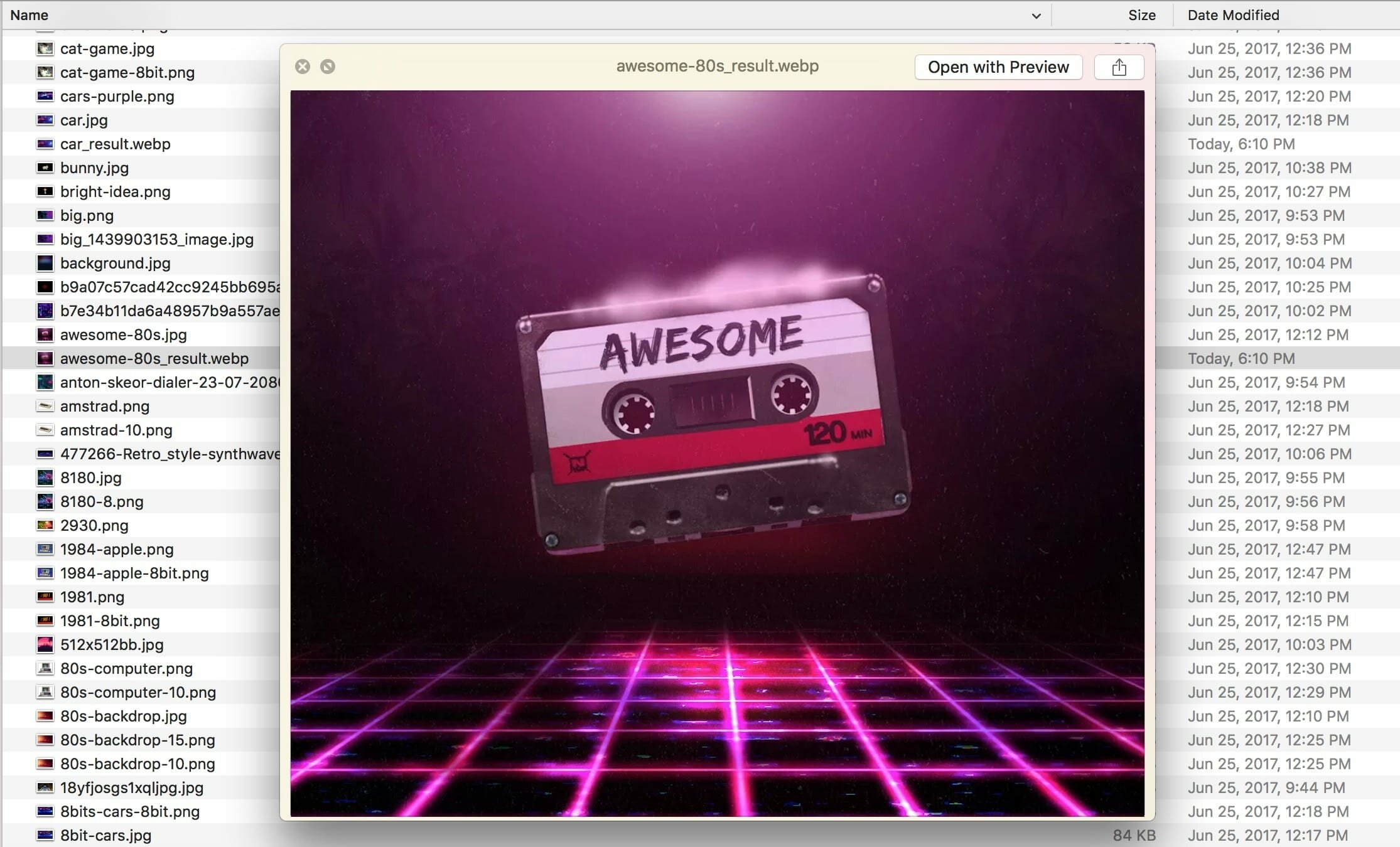 Desktop on a mac showing a WebP file previewed using the Quick Look plugin for WebP files