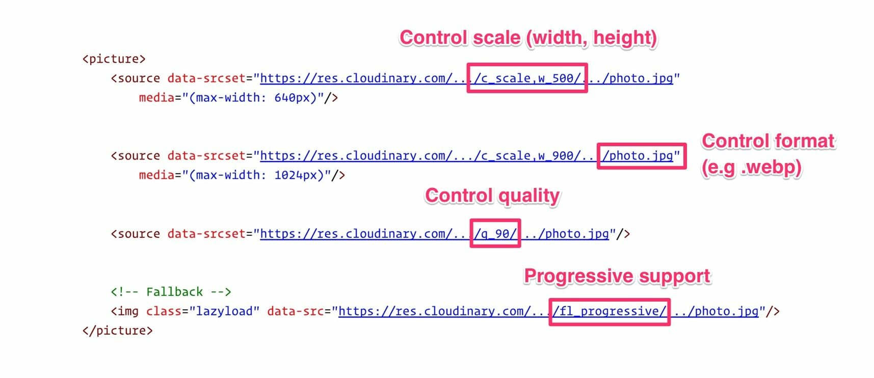 Cloudinary supports on-demand control of image quality, format and several other features.