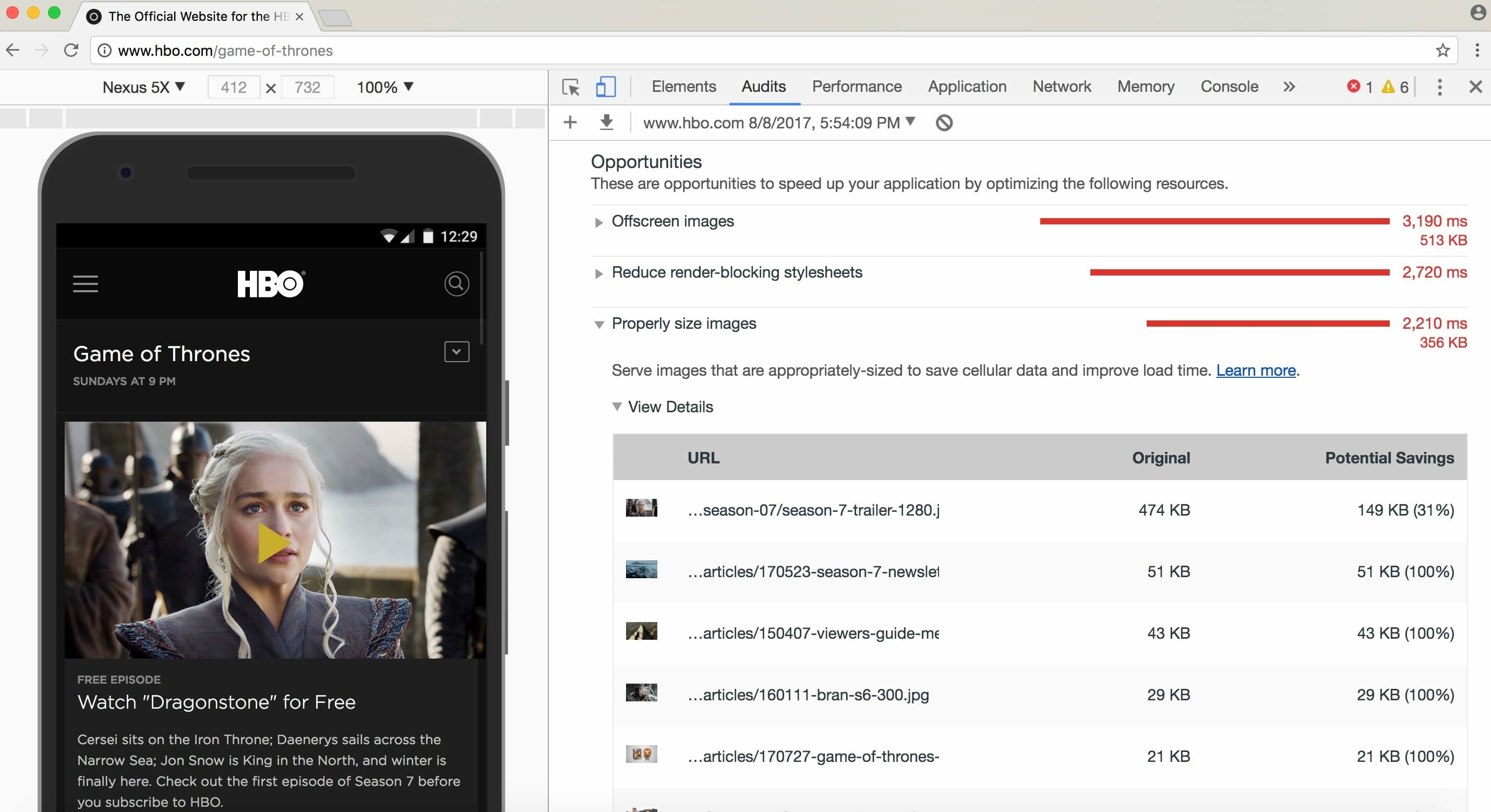 Lighthouse audit for HBO.com, displaying image optimisation recommendations