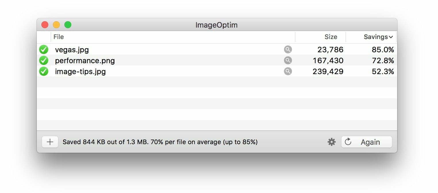 ImageOptim in use on Mac with a number of images that have been compressed with savings over 50%