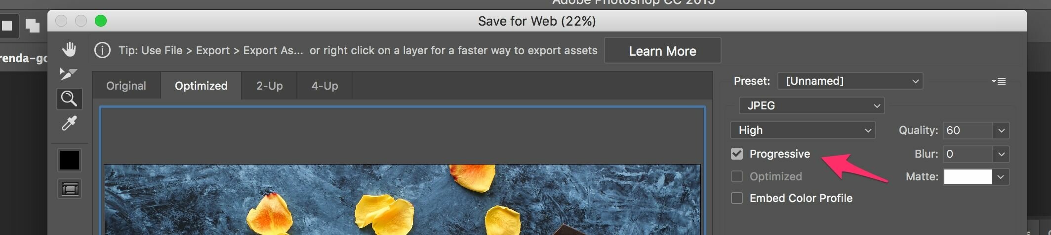 photoshop supports exporting to progressive jpeg from the file export menu