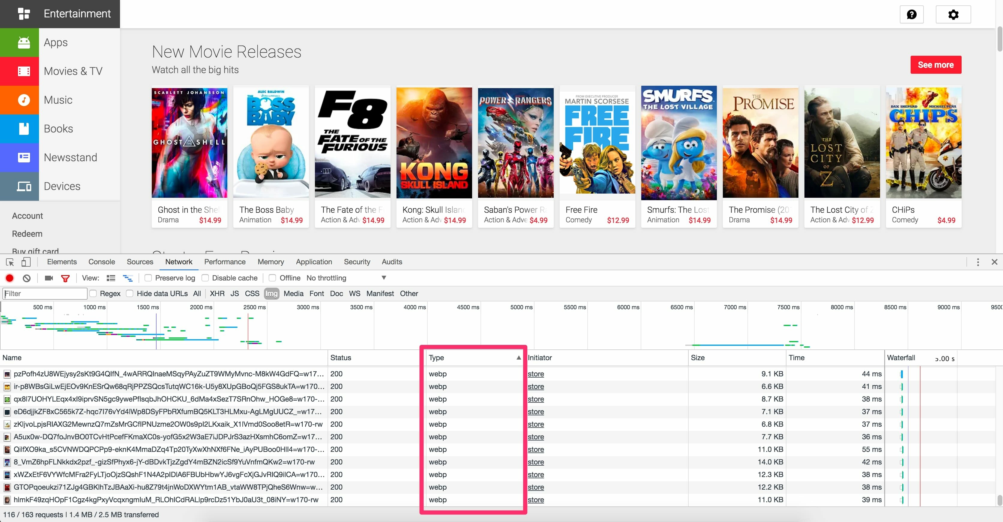 The Chrome DevTools Network panel displaying the waterfall for the Play Store in Chrome, where WebP is served.