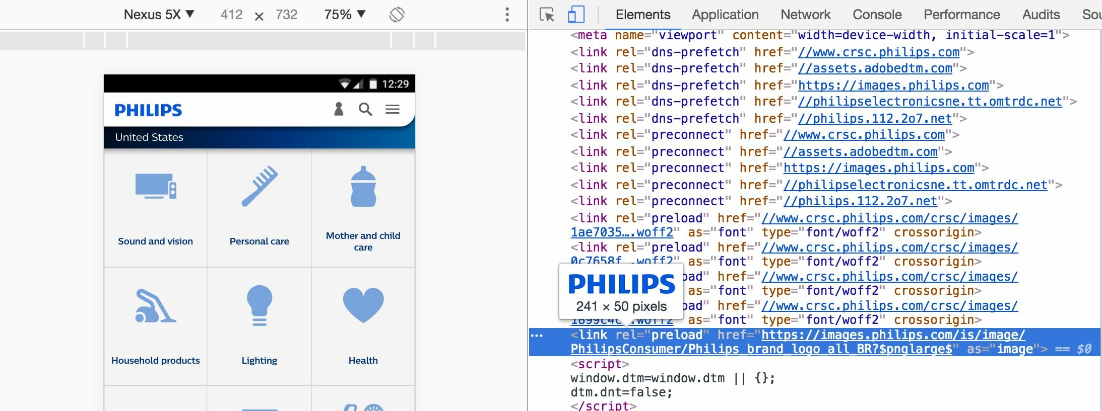 Philips use link rel=preload to preload their logo image