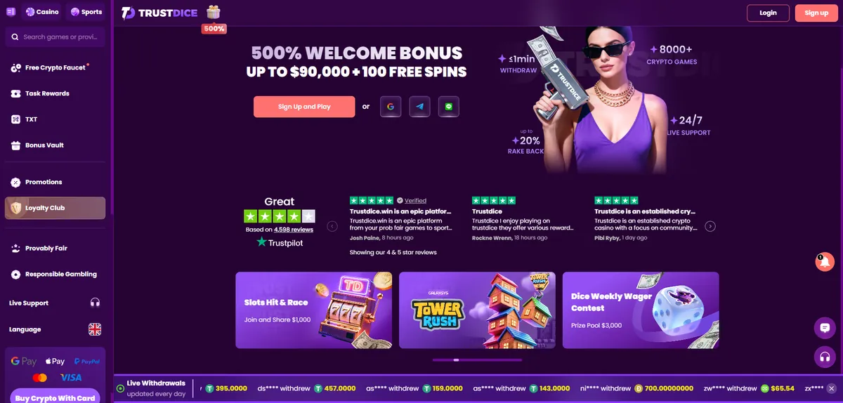 TrustDice 500% welcome bonus package