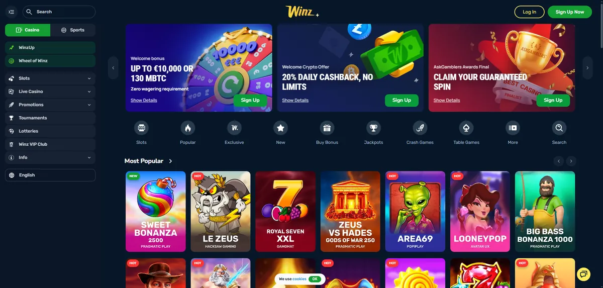 Winz.io welcome bonuses and daily cashback